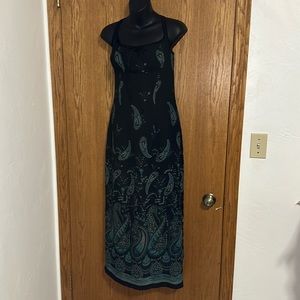 Vintage Scarlett black w/ blue paisley maxi dress 9/10
